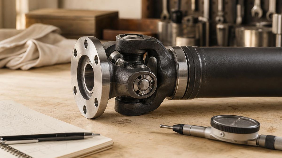 A driveshaft coupling assembly on a clean workshop bench with a measuring probe nearby